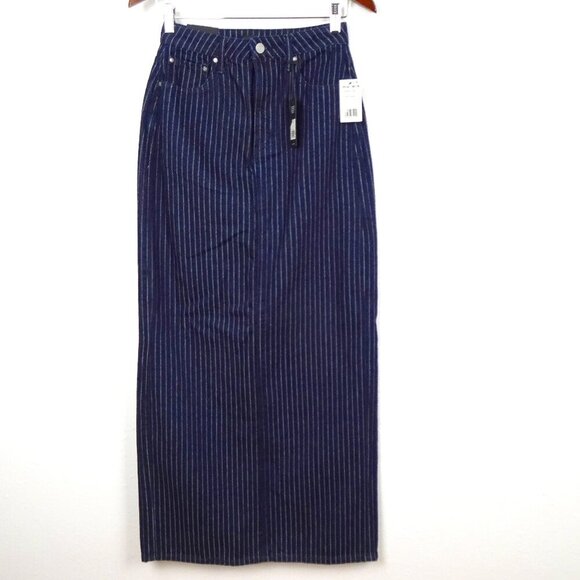 AFRM Denim Maxi Skirt Women's Size 25 Blue Pinstripe Long Back Slit - Picture 1 of 12